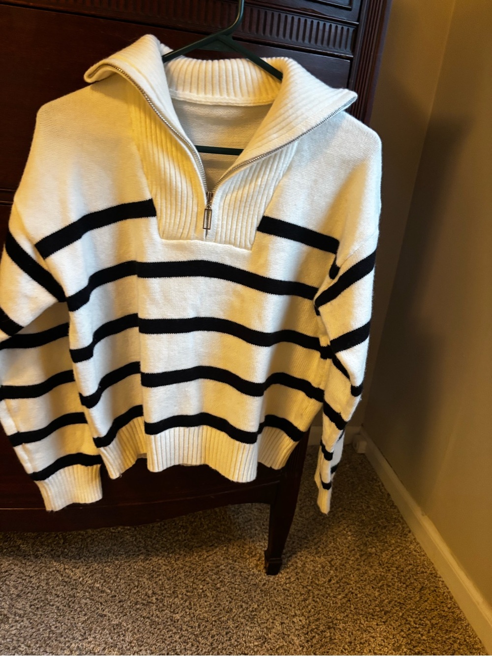 Woman’s  Cream Half-Zip Sweater with Black Stripes